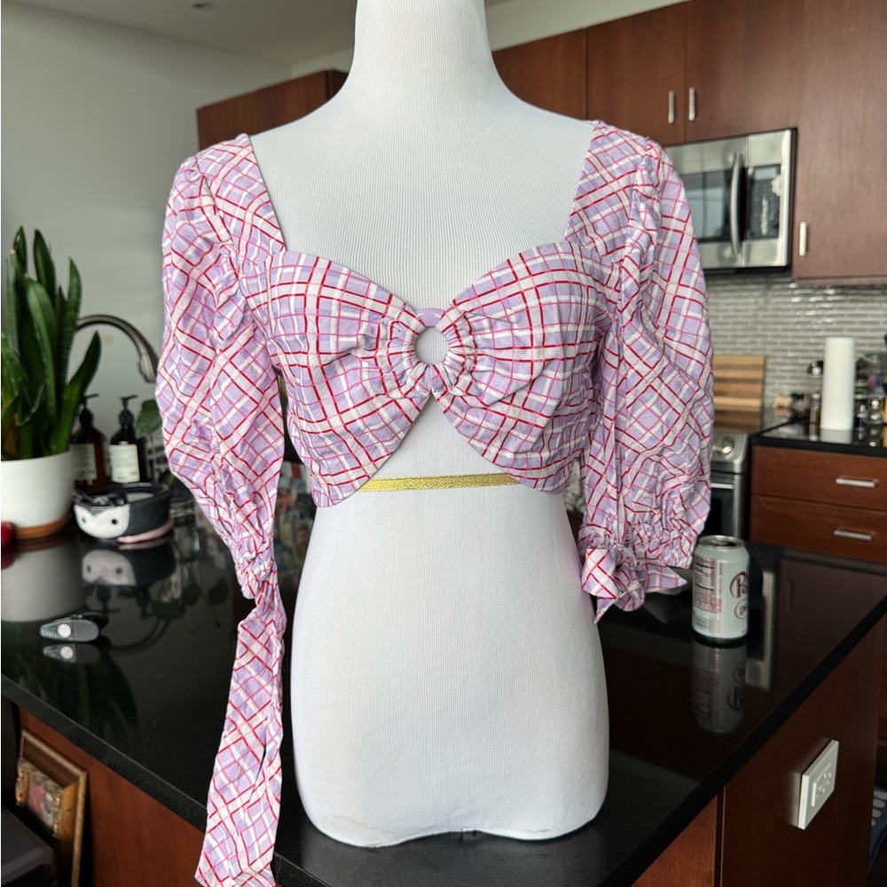 Finders Keepers Pink Plaid Puff Sleeve Blouse